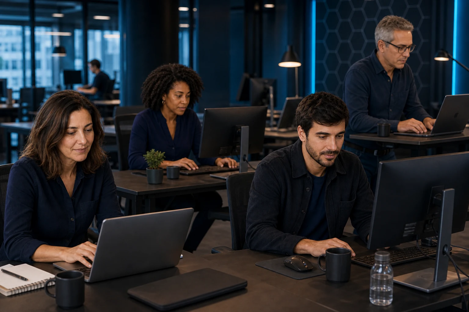 Equipo Silize trabajando en una oficina con ordenadores de sobremesa y portátiles