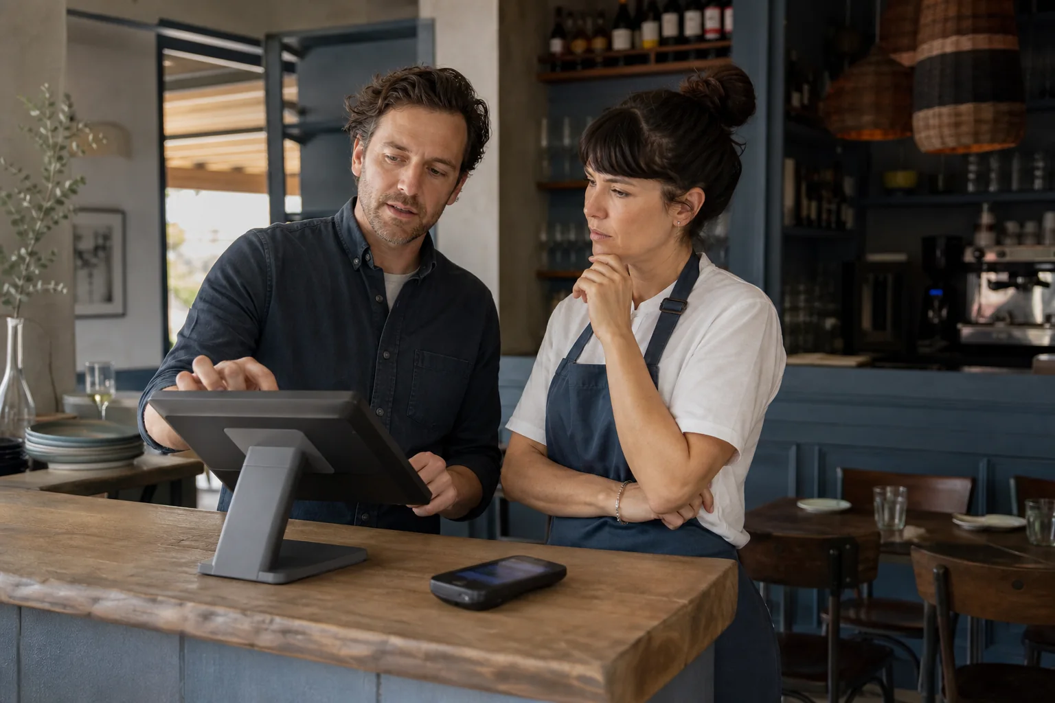 Dos responsables de un restaurante evaluando un terminal TPV antes del servicio